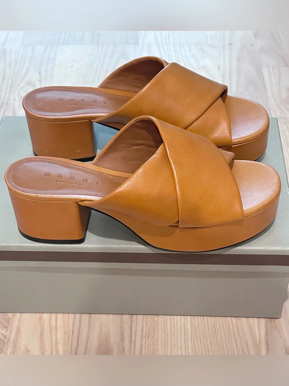 Marni Tan Cognac Leather Cross-Strap Platform Mules